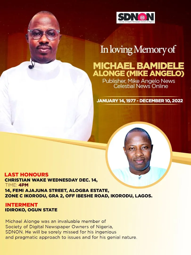 Society Of Digital Newspaper Owners Of Nigeria, SDNON, Loses Member, Michael Alonge